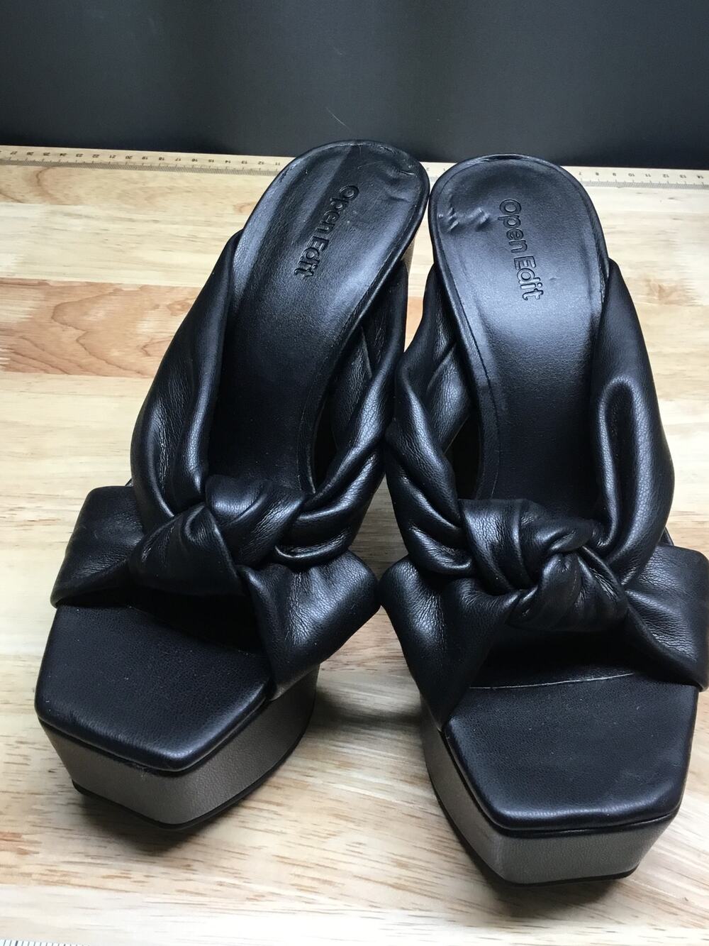 Open Edit Kaia Knot Platform Sandals Women's 6.5 Black Leather High Block Heel